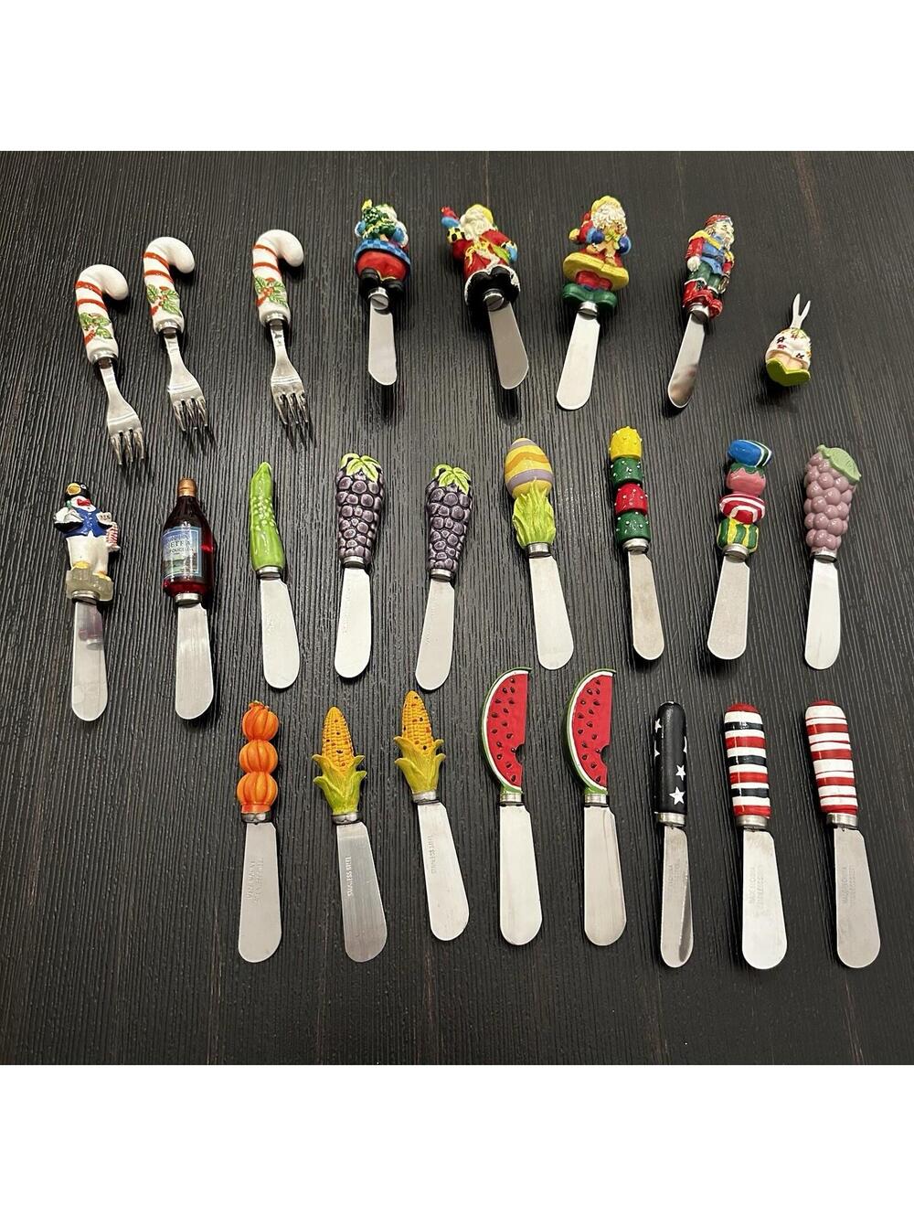 Lot of 25 Charcuterie Cheese Spreaders, Forks & Poker VG/GC Santa,Grapes & More